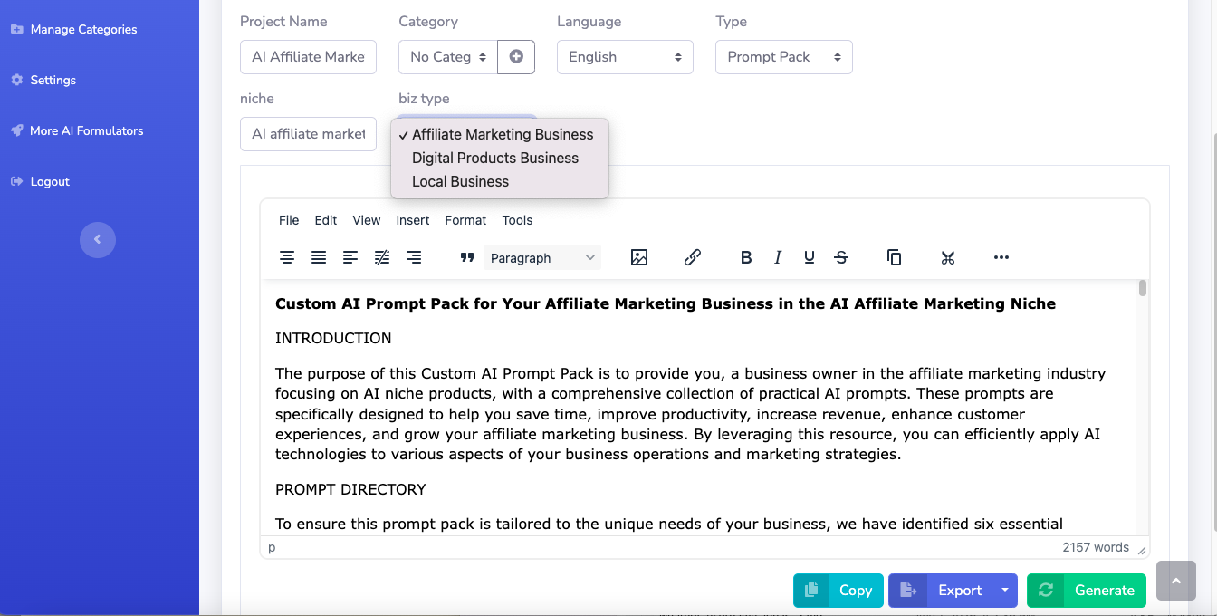 My firsthand AI affiliate marketing test, showing the generated prompt pack and 2,157-word output