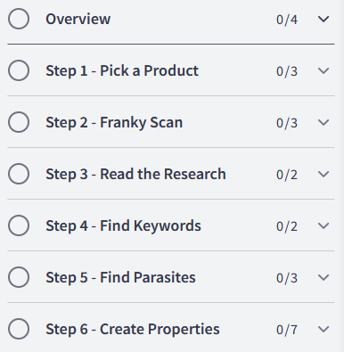 The Golden Goose course sections list, from Overview through Step 6 Create Properties