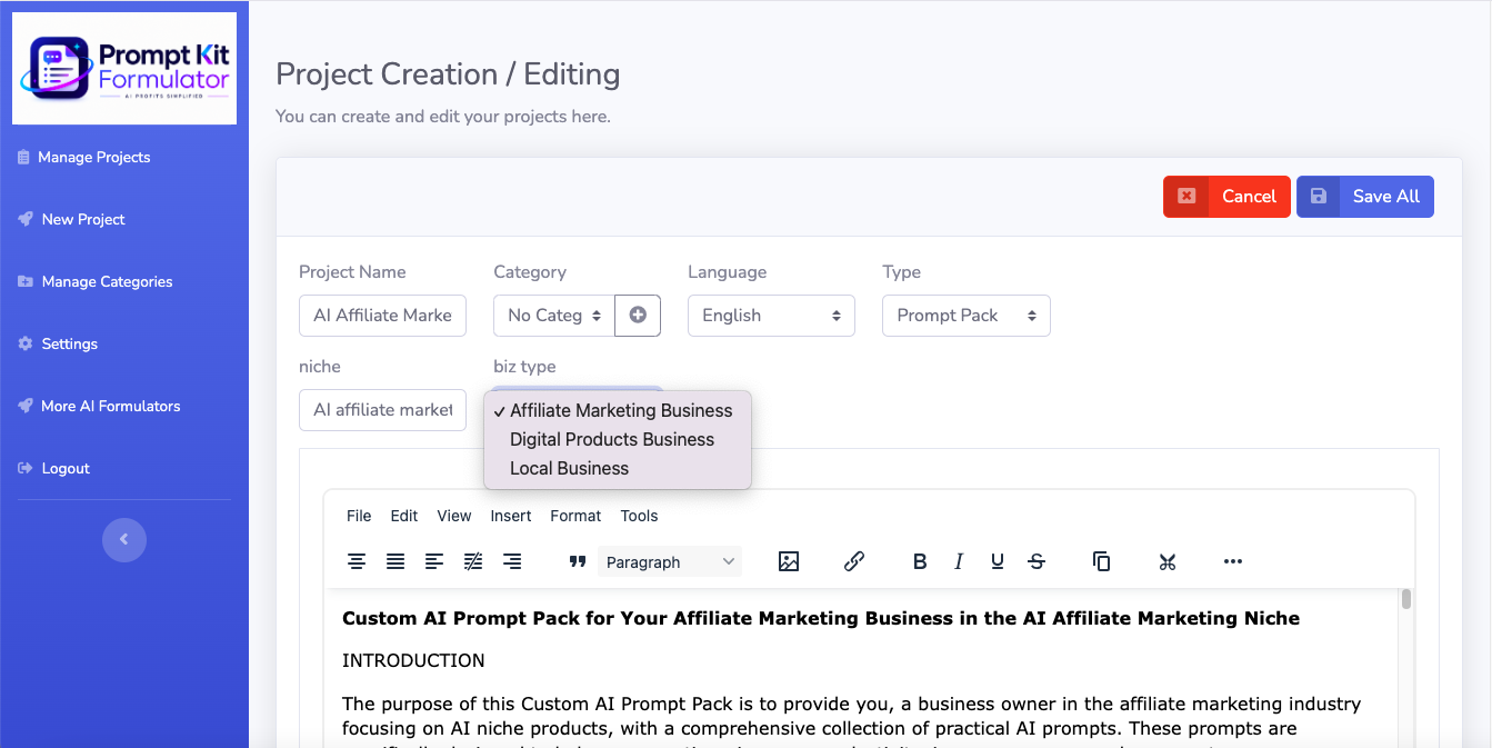 Prompt Kit Formulator project setup showing the Prompt Pack type, niche field, and business-type options